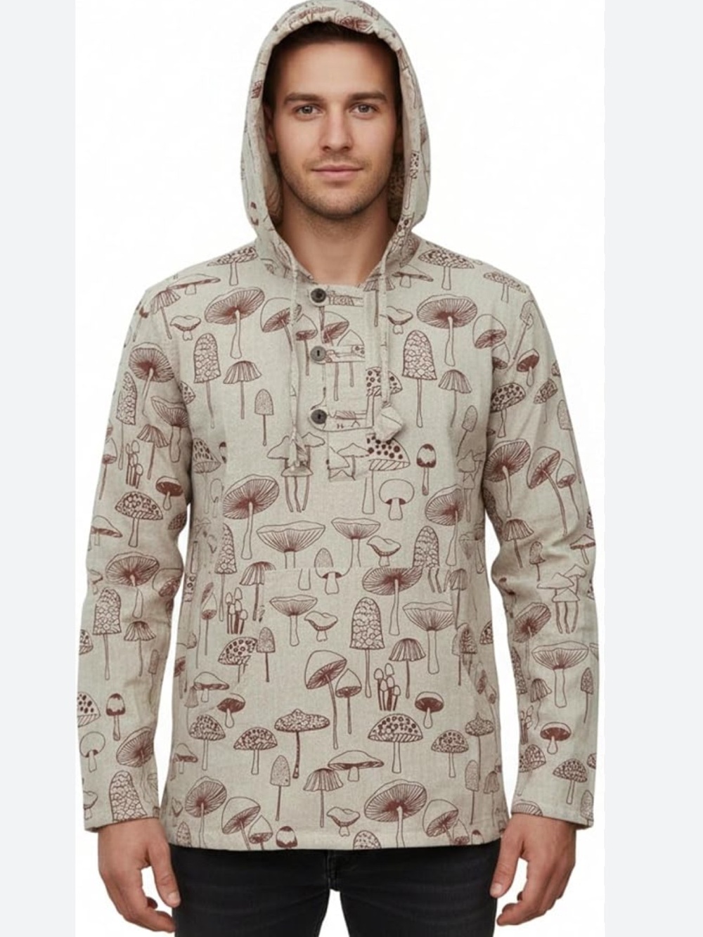 Hippie Boho Patchwork Mushroom Hoodie Neutral Color Long Sleeve L Psychedelic